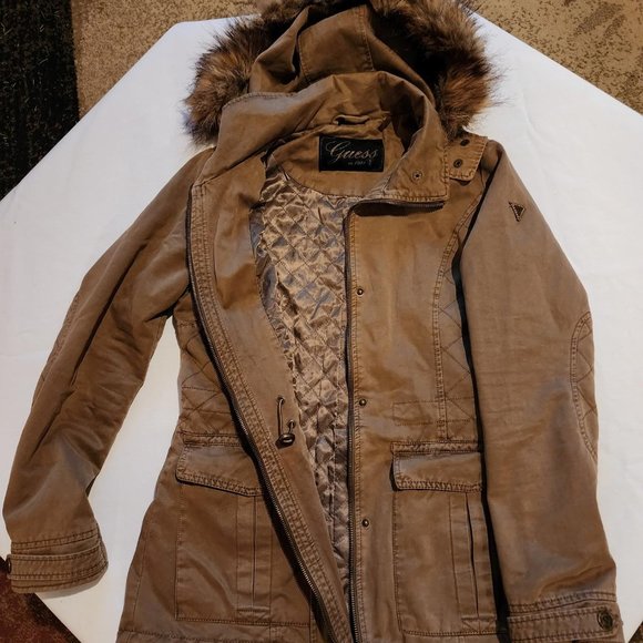 Guess Women's M Tan Quilted Faux Fur Trim Hooded Zip Up Canvas Cargo Jacket - Picture 8 of 8